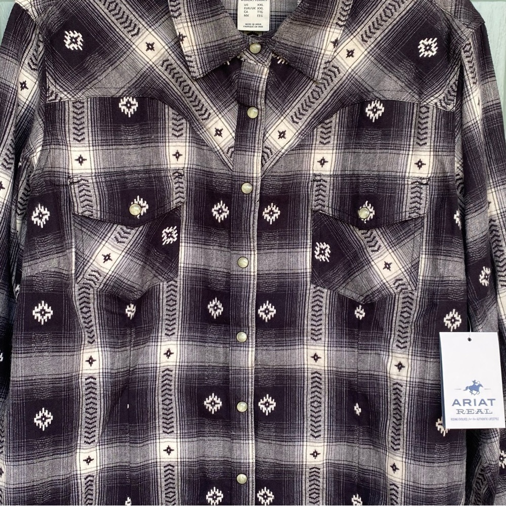 Women's ARIAT REAL Flannel Shirt Thunderstorm Plaid Aztec Dobby Size XXL Snap - Picture 2 of 6